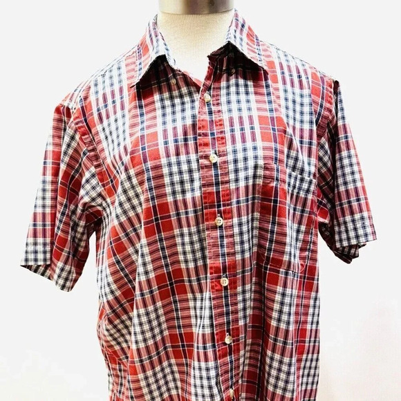 DAVID TAYLOR Men Short Sleeve Button Down Plaid Collared Red Shirt Size Large - Picture 1 of 12
